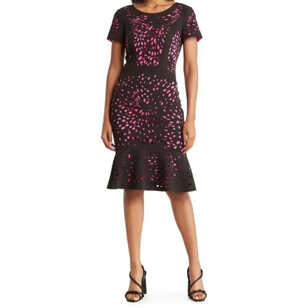 Shani Tulip Cocktail Dress Laser Cut Pink‎ and Black Size 16 New Retails $336